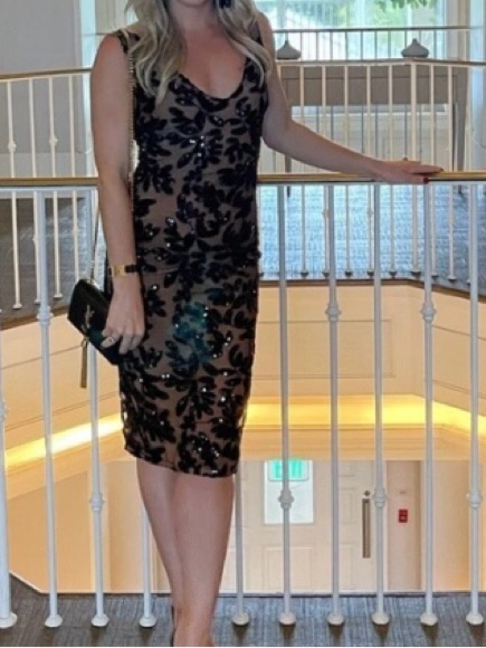 NADINE MERABI Black Sequin Floral Midi Dress